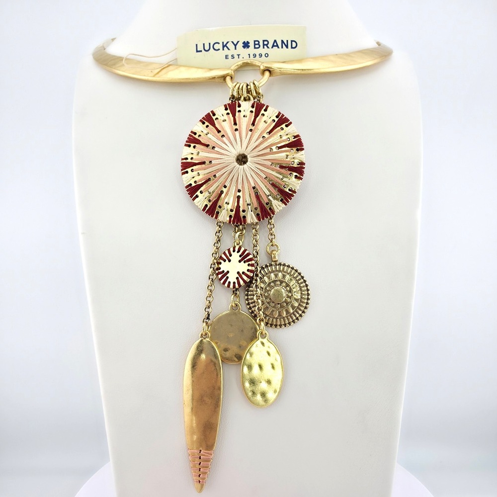 NEW LUCKY BRAND Collar Necklace Stitched Coral Cram Burgundy Gold Tone "